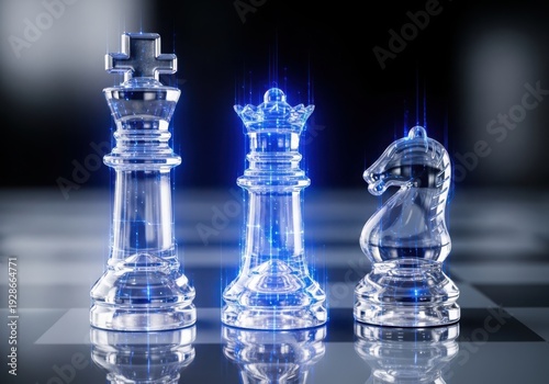 Futuristic chess pieces glowing with blue light on a dark chessboard
