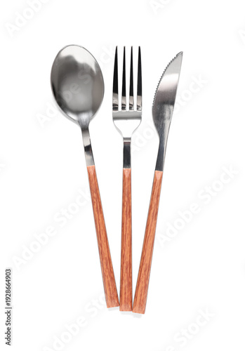 Silver cutlery on white bac...