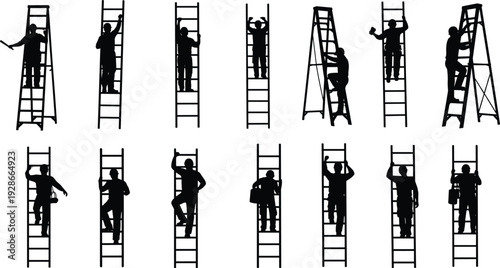 Black Silhouette Set of Construction Workers and Electricians Climbing Ladders Professional Repairman Maintenance Crew and Handyman Vector Icons for Industrial Work Projects