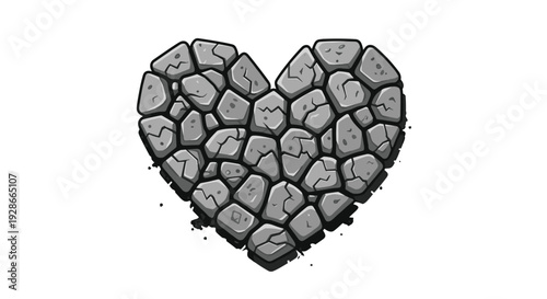 A heart shape is formed by many individual grey stones with cracks and small debris scattered around the base.