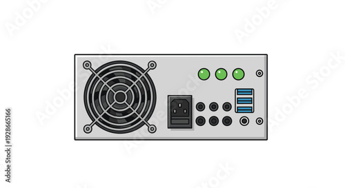 A silver computer power supply unit with a cooling fan and multiple connectivity ports is displayed against a plain white background.