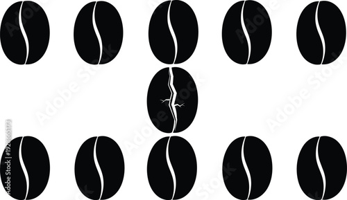 Coffee bean silhouettes with one cracked bean in center, minimal vector illustration concept of uniqueness isolated on white background