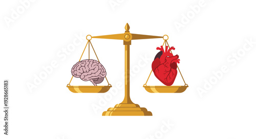 A golden balance scale holds a pink brain on one tray and a red anatomical heart on the other tray.