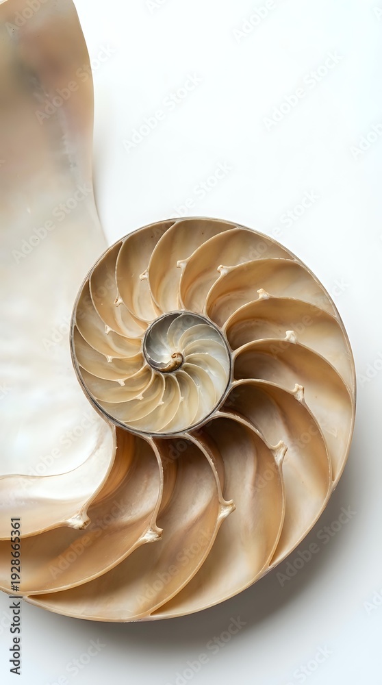 Obraz premium Nautilus shell cross-section showing spiral chambers and golden ratio geometry on white background for educational and design projects.