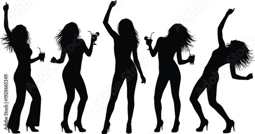 Dancing women silhouettes holding drinks at party, energetic female figures in nightclub pose vector illustration isolated on white background