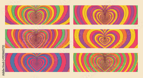 Conjunto de seis banners con corazones concéntricos psicodélicos en vibrantes colores retro, creando un efecto óptico hipnótico.