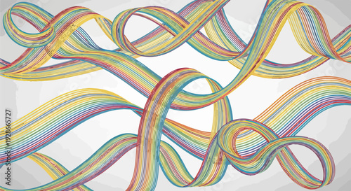 Fondo abstracto vibrante con cintas multicolores onduladas y entrelazadas, creando un patrón dinámico de espectro cromático.