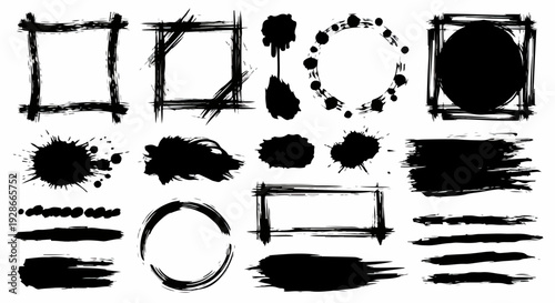 Colección de trazos de pincel de tinta negra, salpicaduras y marcos grunge para diseño gráfico y elementos artísticos.