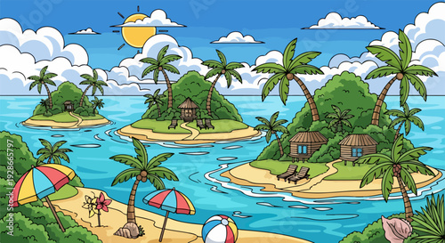 Ilustración de dibujos animados de idílicas islas tropicales con palmeras, playas de arena, bungalows y sombrillas, un paraíso de vacaciones.