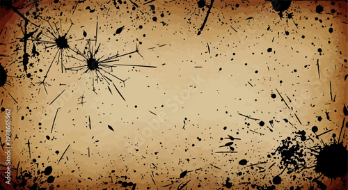 Fondo abstracto con textura de papel viejo, salpicaduras de tinta negra y grietas de impacto para un estilo grunge.