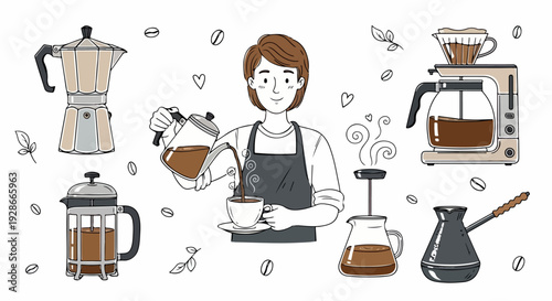 Barista preparando café con diversos métodos de elaboración: cafetera moka, prensa francesa y máquina de goteo, rodeado de granos y hojas.