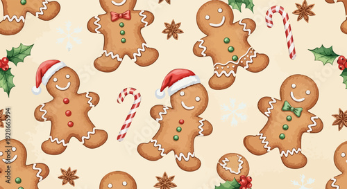 Patrón navideño sin costuras con galletas de jengibre, bastones de caramelo y acebo, perfecto para la temporada festiva.