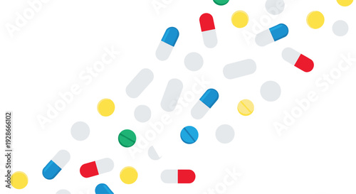 Numerous colorful capsules and round tablets in red, blue, green, and yellow are scattered across a white surface in a diagonal composition.