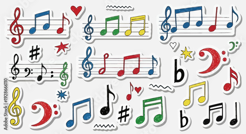 Colección vibrante de notas musicales coloridas, claves y símbolos en estilo pegatina con sombras, ideal para diseño gráfico y temas musicales.