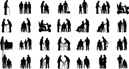 Elderly care silhouettes set with caregivers assisting seniors, wheelchair users and walking aid support vector illustration isolated on white background