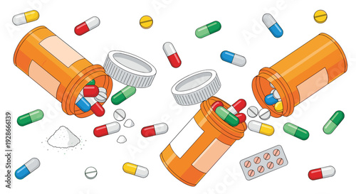 Three orange prescription bottles are tipped over on a white background with colorful pills, tablets, and a pile of powder spilling out.