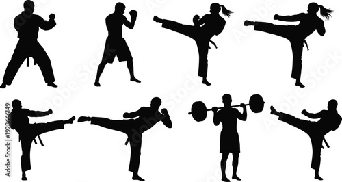 Martial arts and fitness silhouettes set, fighters kicking, boxing and weightlifting training vector illustration isolated on white background