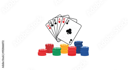 A fanned poker hand of high cards is positioned above stacks of colorful betting chips in red, blue, green, and yellow on a white surface.