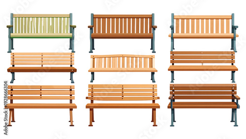 Wooden Park Bench Vector Set – Classic Outdoor Garden Seating Collection