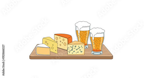 Four wedges of various cheeses including swiss and blue cheese sit on a wooden board next to two glasses of beer on a white background.