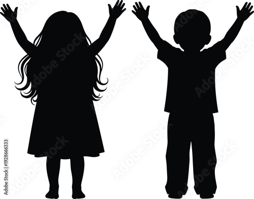 Children silhouettes with raised hands, happy boy and girl celebrating isolated vector illustration on white background for childhood concept