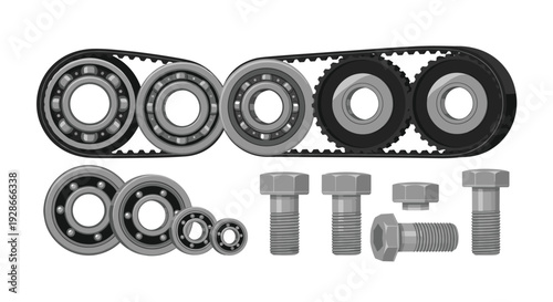 Two black timing belts are wrapped around several silver ball bearings and gears next to a group of five steel bolts on a white background.