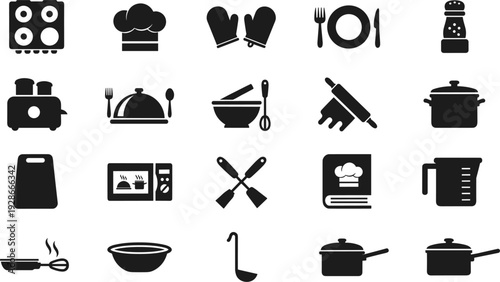Kitchen and Cooking Icon Set Featuring Utensils, Appliances, and Cookware for Culinary Design, Recipe Illustration, and Cooking Concepts
