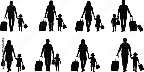 Family travel silhouettes with parents and children walking with luggage bags, airport journey concept isolated vector illustration on white background
