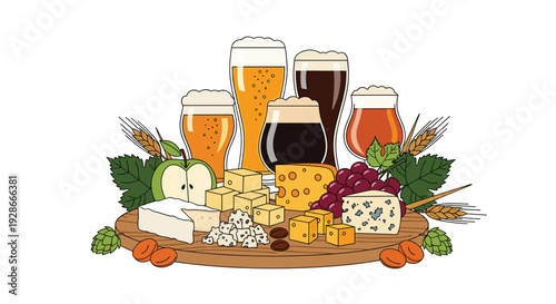 Five glasses of different beer varieties are surrounded by various cheeses grapes apple hops and wheat on a large wooden serving board.