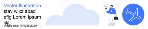 Travel planning, business innovation, cloud computing, modern design, technology integration, creative solutions. Person with a lightbulb and airplane icon. Travel planning and business innovation