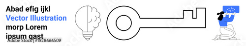 Innovation, programming, problem-solving, key ideas, unlocking potential, creativity. Line art showing a lightbulb, a key and a developer working with code. Innovation and programming concepts