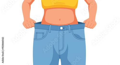 A person wearing a bright yellow top pulls at the waistband of oversized blue denim jeans to show weight loss against a white background.