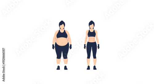 Two women with identical hairstyles stand side by side in black athletic wear showing a larger body type next to a lean muscular physique.