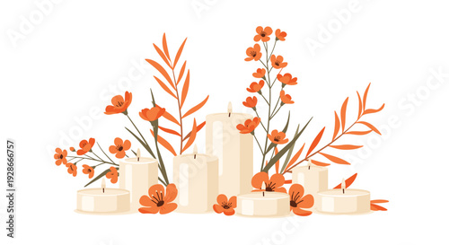 Several white pillar and tea light candles are surrounded by orange flowers and long leaves in a horizontal composition on white.