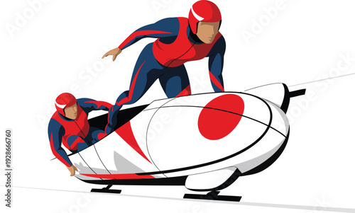 Bobsled racing illustration, two bobsledders in a sled speeding downhill with dynamic speed lines, winter sport action scene for competitive athletics design.