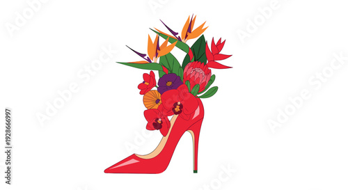 A red stiletto high heel shoe overflowing with colorful tropical flowers and green leaves stands against a plain white background.