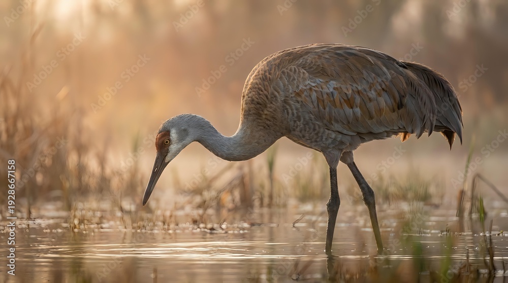 Fototapeta premium Sandhill crane wading in shallow water during golden hour sunrise, feeding with head down in wetland marsh habitat for wildlife photography and nature content.