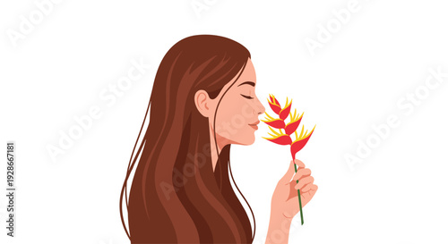 A woman with long brown hair closes her eyes while smelling a vibrant red and yellow heliconia flower against a white background.