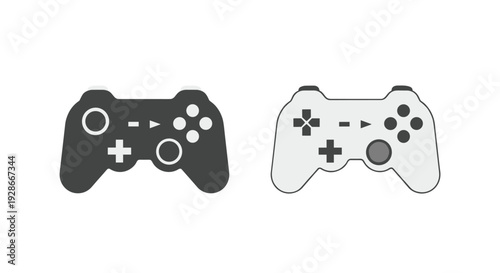 Two flat vector icons of video game controllers in dark gray and light gray colors are displayed against a white background.