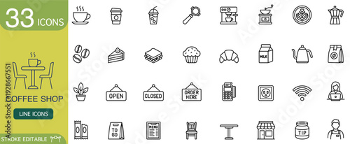 Coffee shop icon line outline vector set menu collection stroke cup line icon collection for coffee shop menu, coffee cup outline vector set, stroke icon line set for shop menu