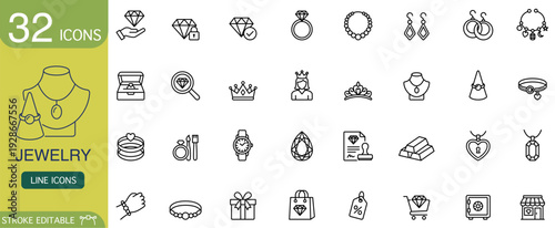 Jewelry icon line outline set vector stroke editable collection with ring necklace earring diamond crown gift tag cart safe and store, minimalist black symbol on white for app web