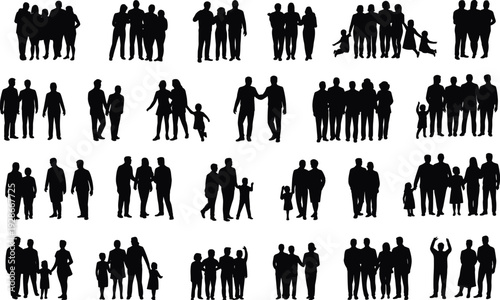 Group silhouettes, diverse families, social unity, parents and children, friends together, community bonding, lifestyle illustration, family diversity, social interaction, demographic representation