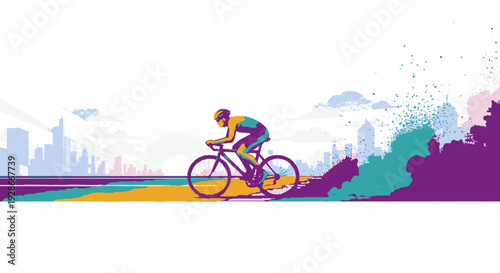 Cyclist riding bicycle on road with cityscape background and colorful abstract design
