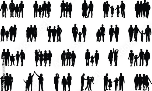 Family silhouettes, parents and children, diverse family groups, unity concept, walking together, holding hands, social bonding, family relationships, community support, parenting roles