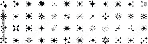 Star sparkle icons, black silhouette design, twinkle symbols, decorative elements, magic shine, burst shapes, graphic design, UI illustration, visual emphasis