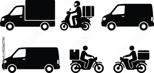 Delivery service vehicle and courier motorcycle silhouette set representing logistics transportation, parcel shipping, courier service, and fast delivery business concepts