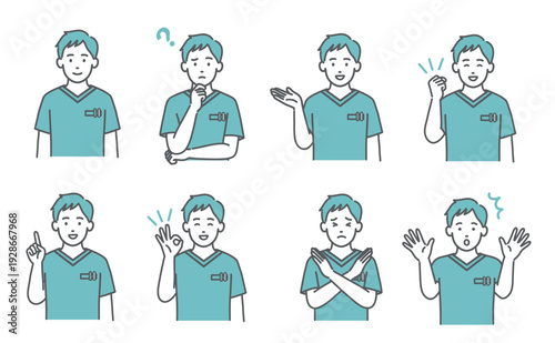 スクラブ姿の男性医療従事者の表情・ポーズイラストセット（上半身・8種類）