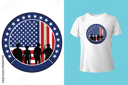 Memorial Day card or banner design with soldier's dog tags, banner and flag