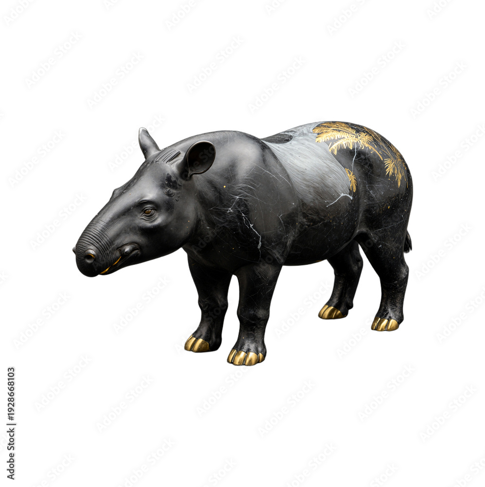 Fototapeta premium 3D render of a tapir sculpture with polished black marble body and gold leaf pattern, isolated on transparent background
