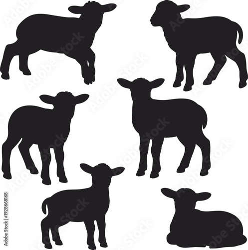 Lamb silhouettes set, farm animal collection, black sheep shapes, isolated livestock figures, rural agriculture concept, animal icon illustration vector